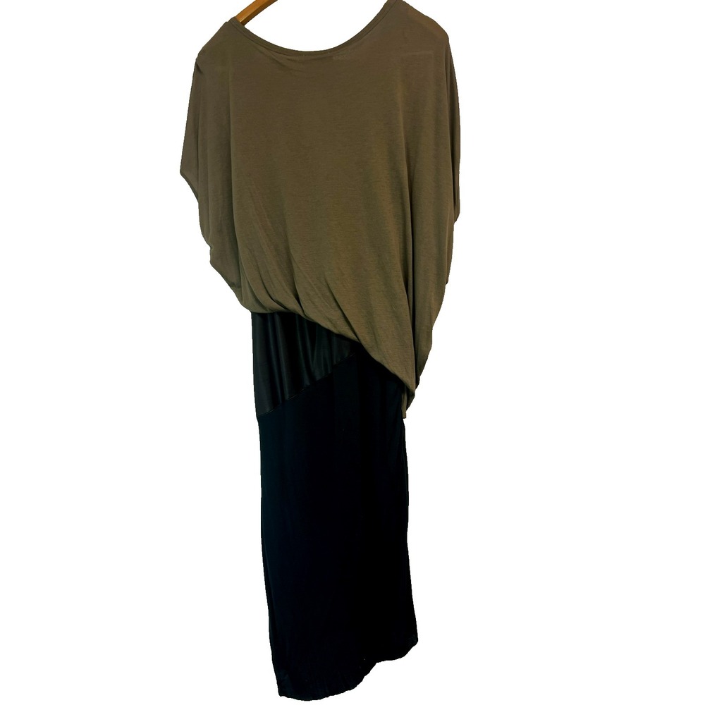 HELMUT LANG Asymmetric Drape Midi Dress Green Black Jersey Brown Vegan Leather S - Picture 2 of 12